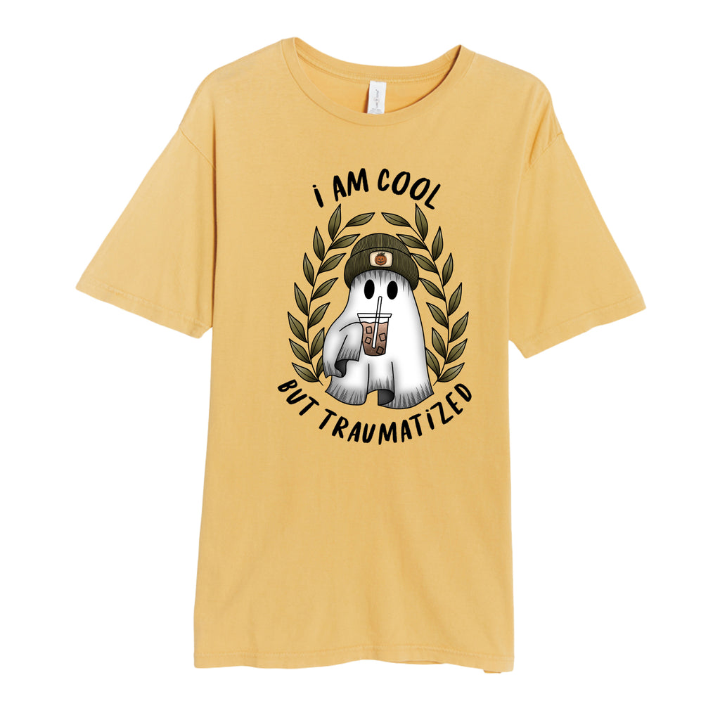Spooky Girl: Cool But Traumatized Vintage Wash Tee- Yellow