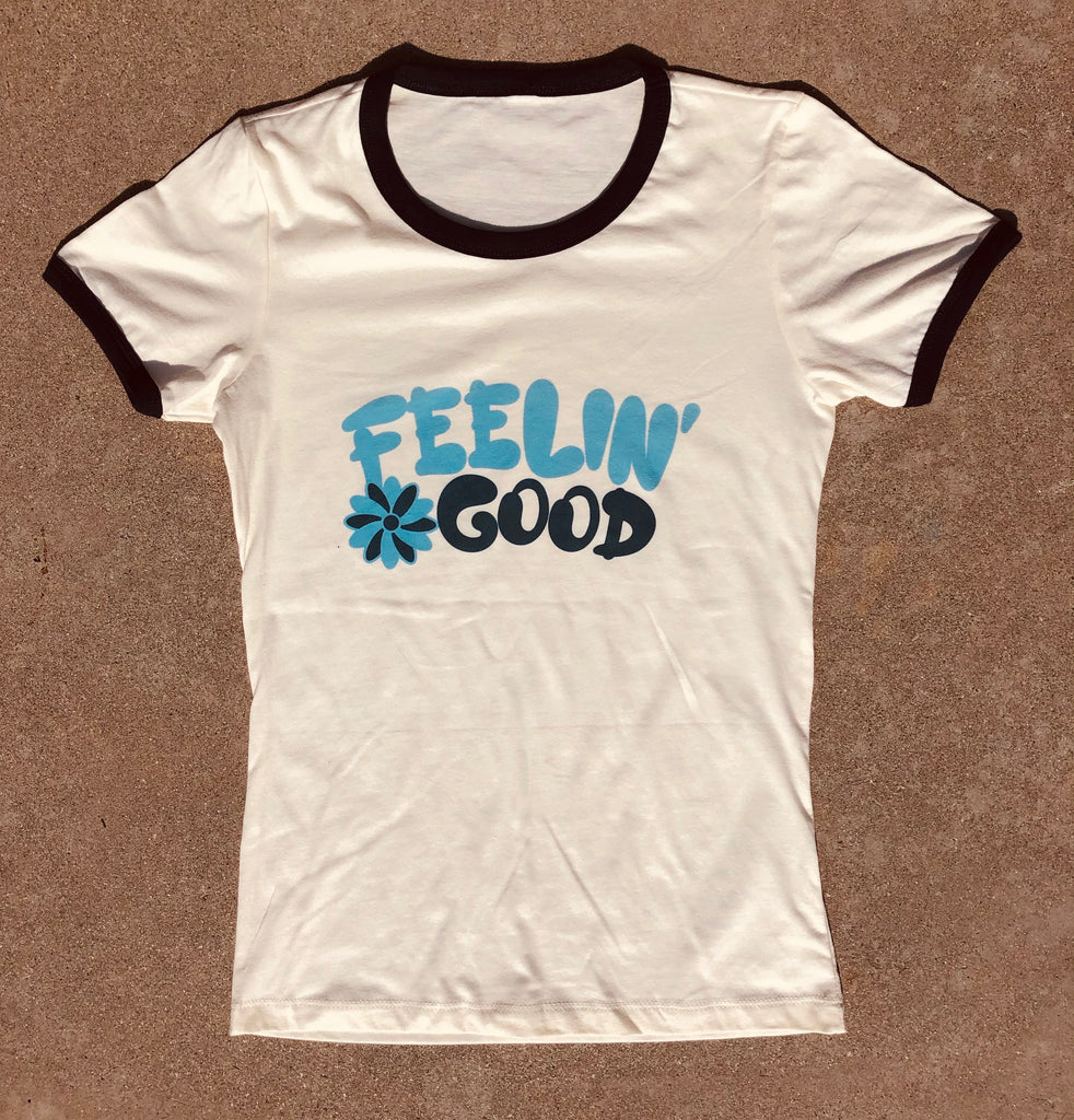 Feelin' Good short sleeve womens ringer tee- Natural/Navy