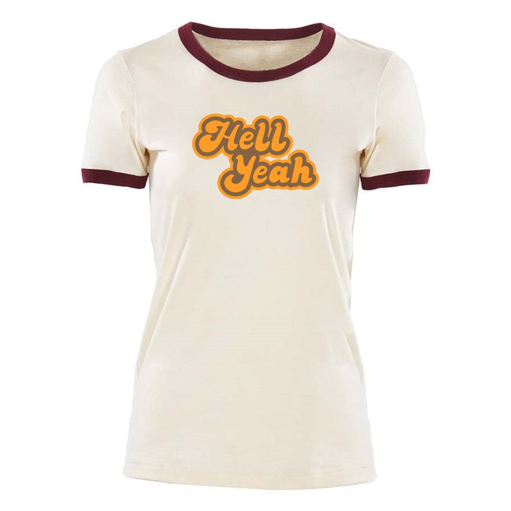 Hell Yeah Womens Short Sleeve Ringer Tee- Natural/Maroon