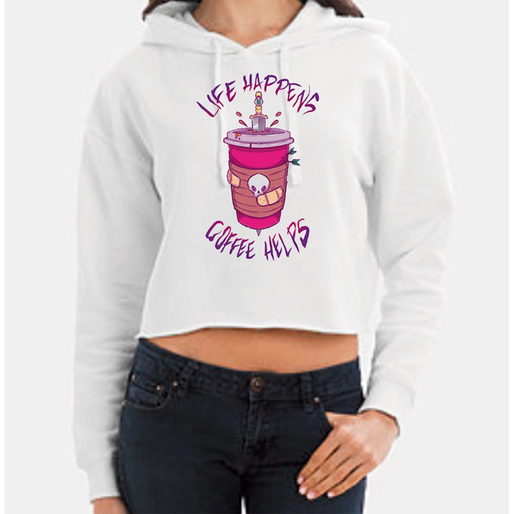Drawnt: Life Happens, Coffee Helps Cropped Hoodie- White