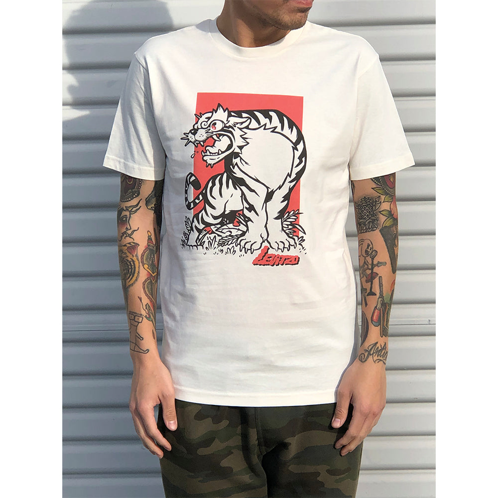 Levitzo- Crouching Tiger: Red Print on Vintage White Tee