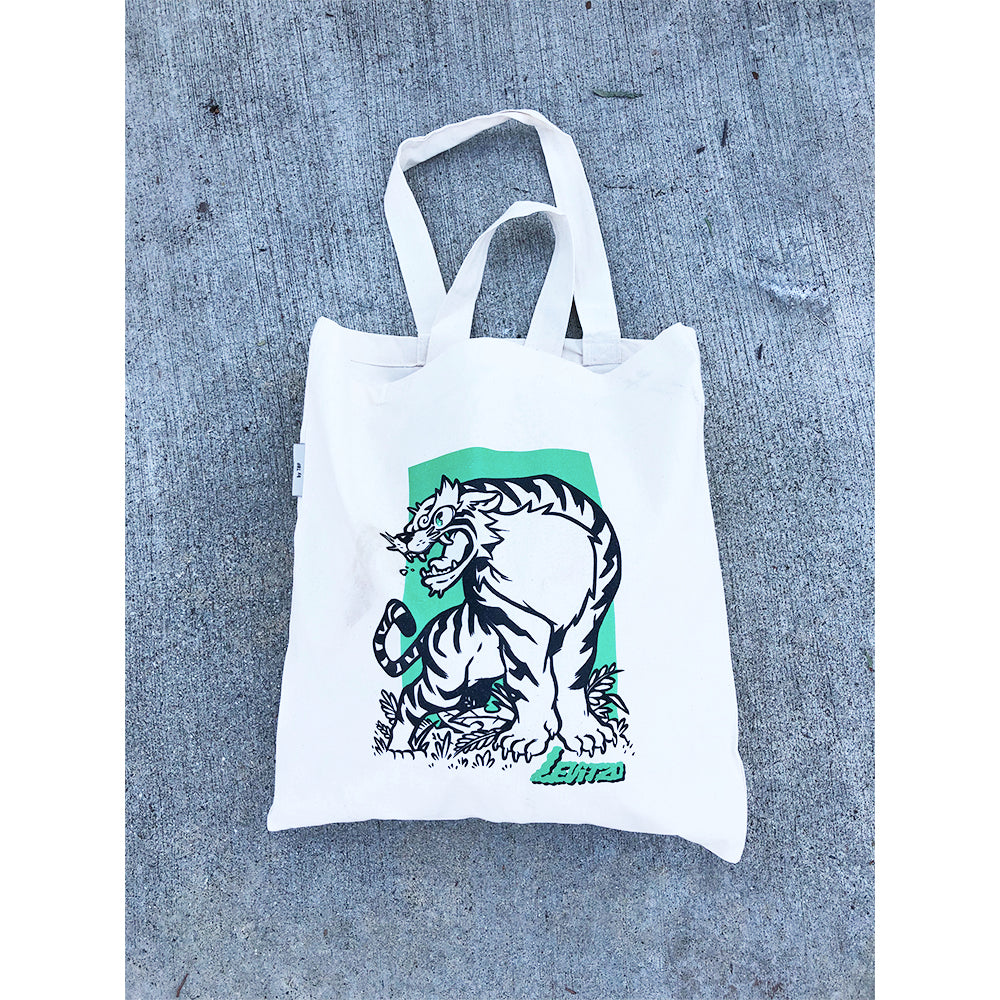 Levitzo- Crouching Tiger: Green Print on Natural Tote