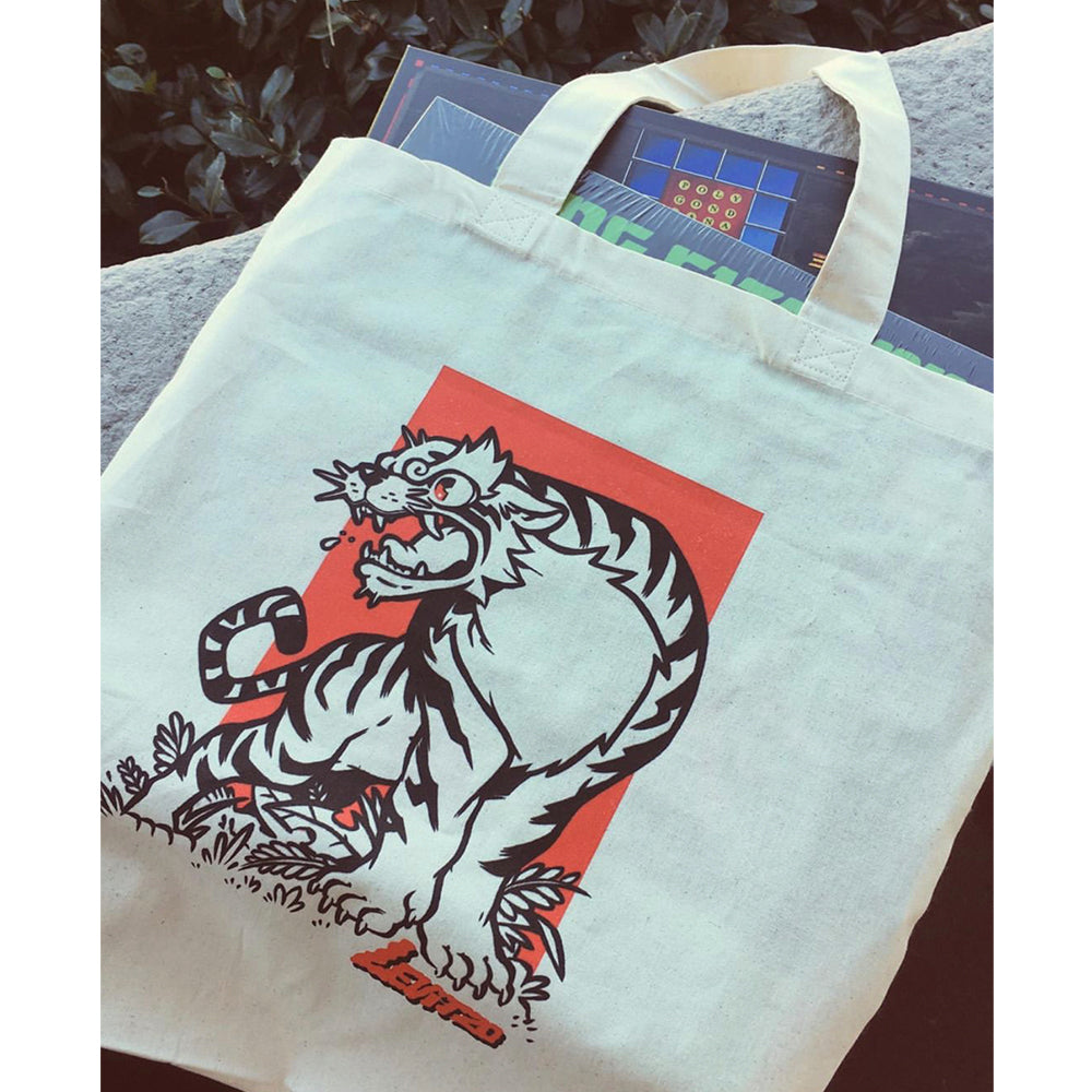 Levitzo- Crouching Tiger: Red Print on Natural Tote