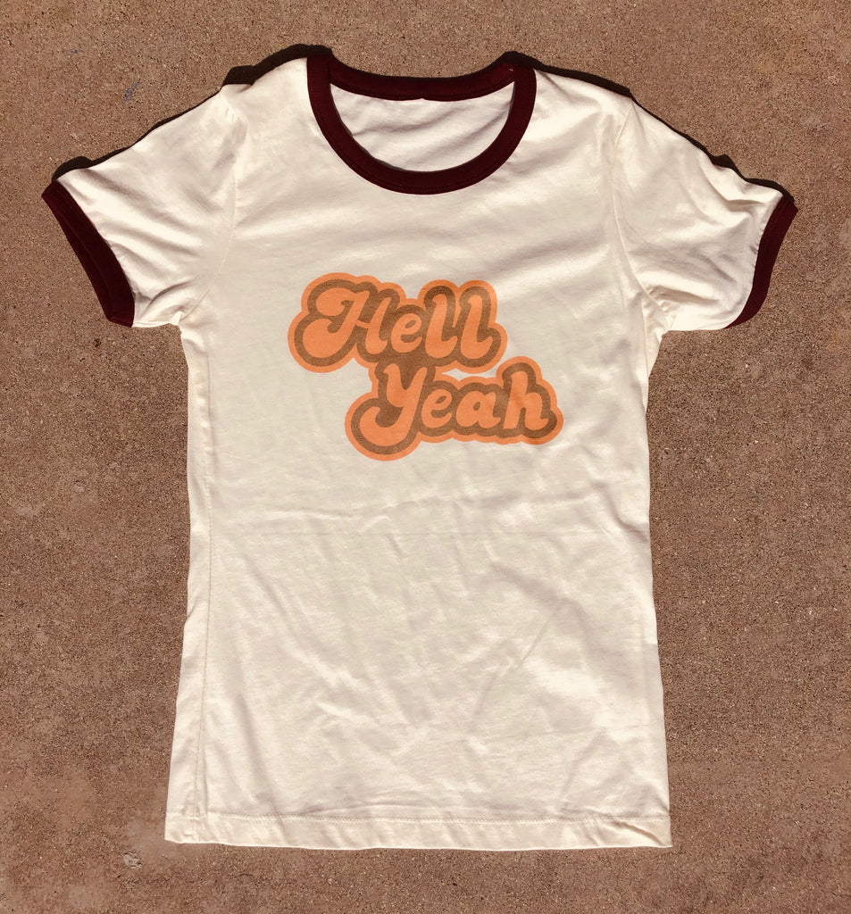 Hell Yeah Womens Short Sleeve Ringer Tee- Natural/Maroon