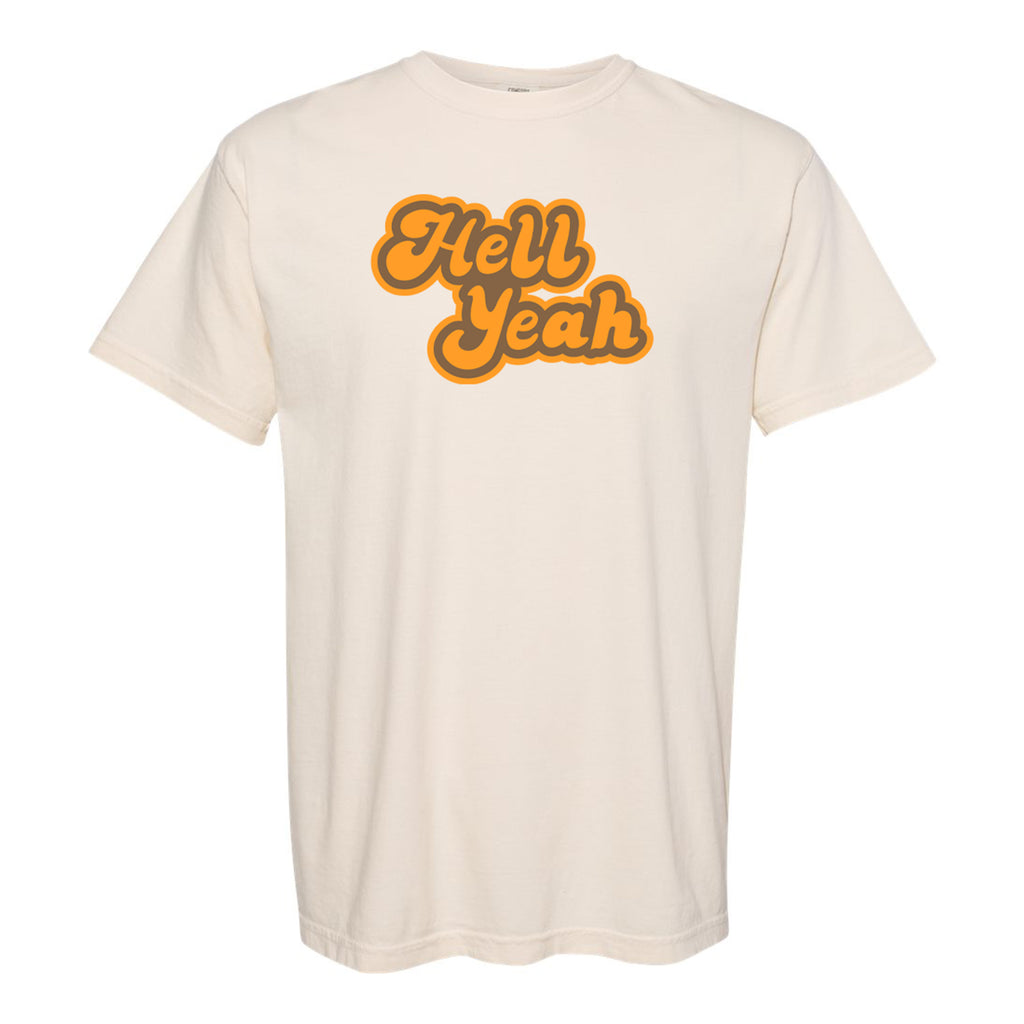 Hell Yeah Adult Unisex tee- natural with brown/orange print