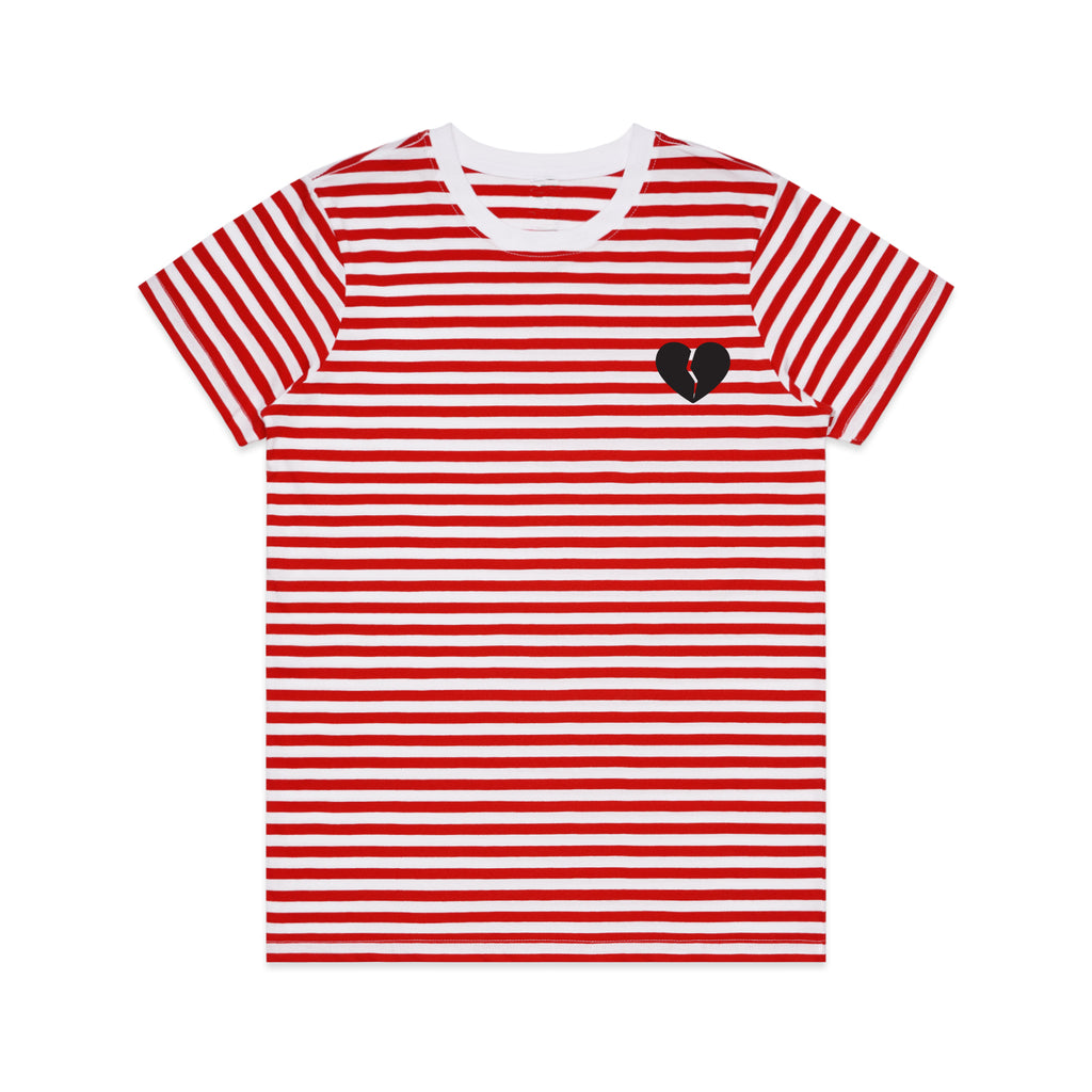 Dweegz: Heart Attack Womens Red/White Striped Tee- with black Heart