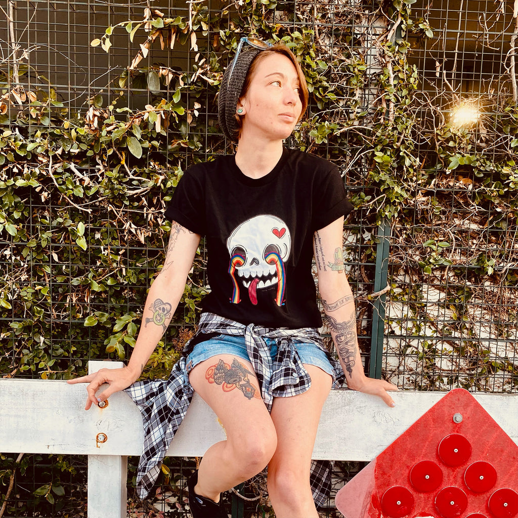 Toxic Moxie: Rainbow Skelly Tee- Black